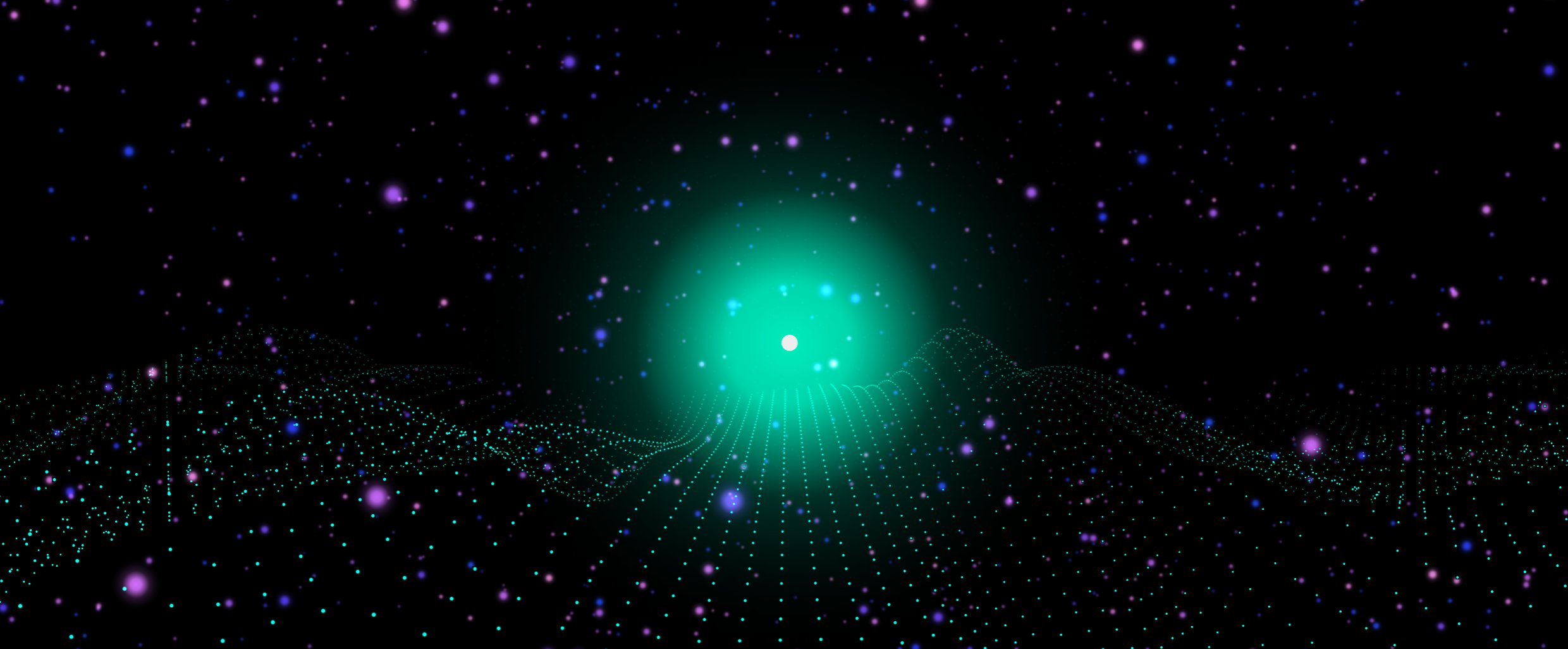Abstract digital landscape with a glowing teal hub at center and a dotted grid of blue-green light extending like waves across a dark space.